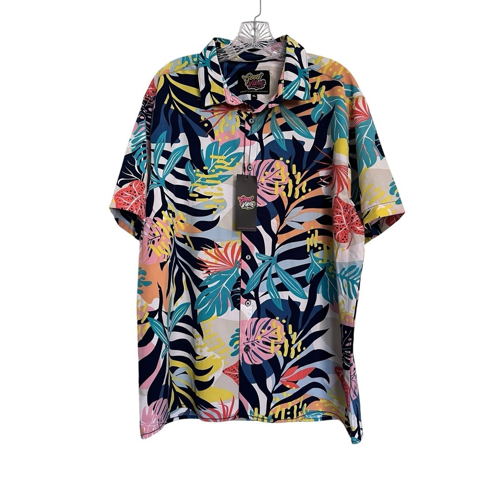 NWT VTG Good Vibes Sz XL Mens Shirt Hawaiian Colorful Button Up 90s Floral Drill
